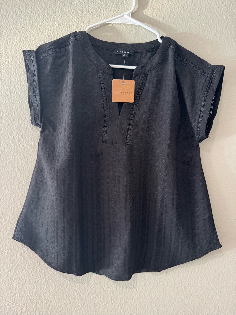 Blu Pepper Black Short Sleeve Eyelet Trim Peasant Blouse